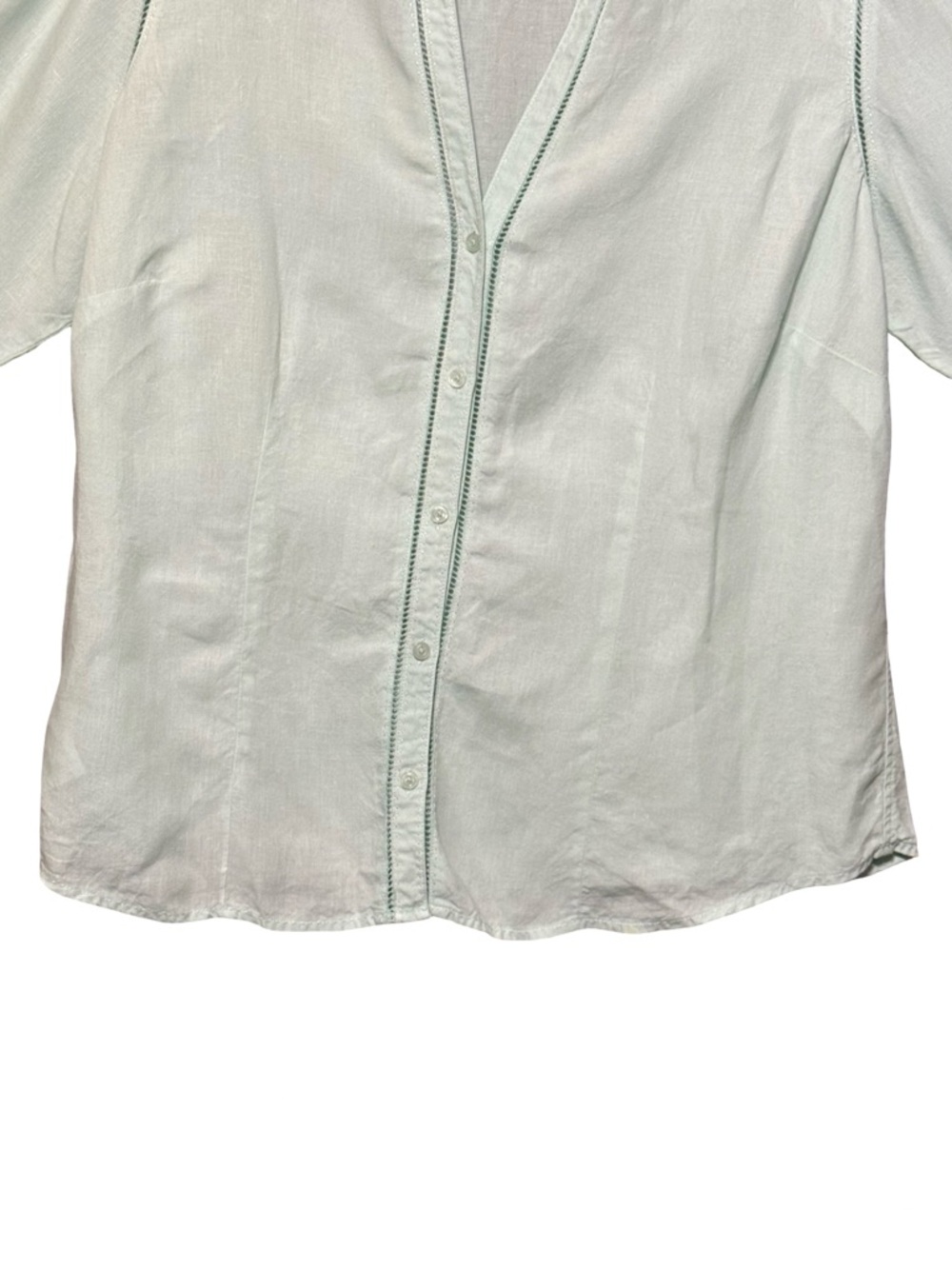 Eddie Bauer 100% Linen Light Blue 3/4 Length Button Front V Neck Collared Blouse - Picture 5 of 11